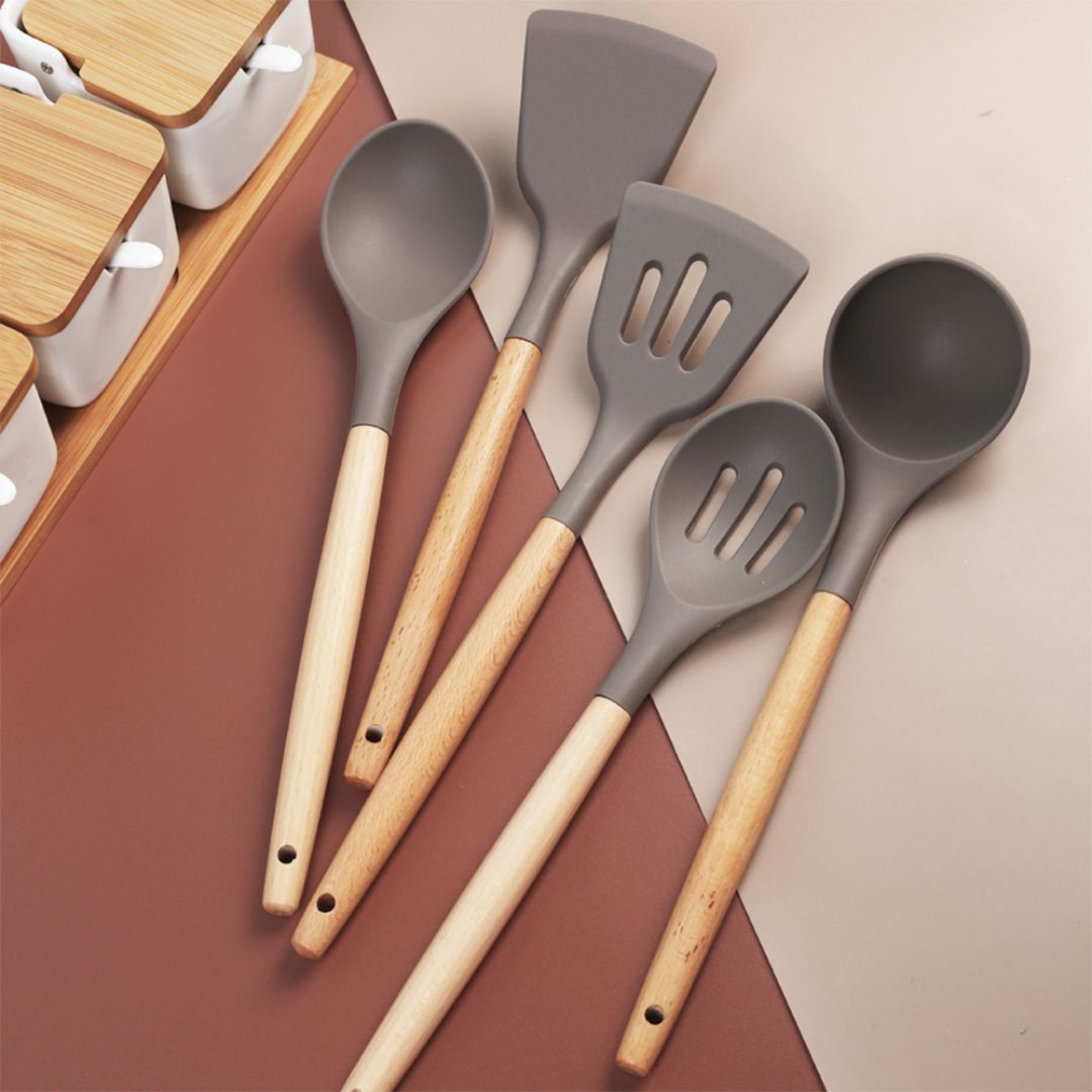 Olivia Silicone Wooden Handle Utensils Set