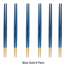 6 Pairs 18/10 Stainless Steel Non-slip Round Sushi Noodles Chopsticks - Blue Gold - Lemeya Kitchen