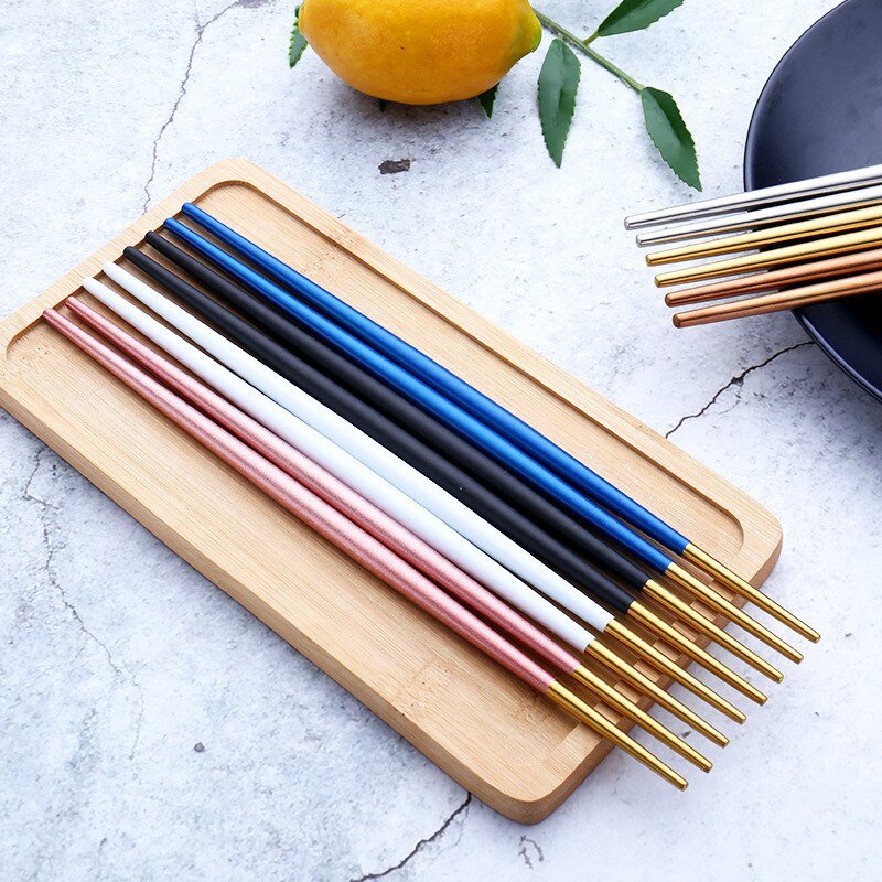 6 Pairs 18/10 Stainless Steel Non-slip Round Sushi Noodles Chopsticks - Black - Lemeya Kitchen