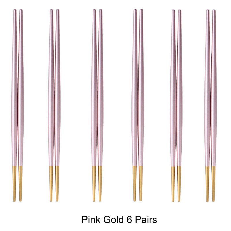 6 Pairs 18/10 Stainless Steel Non-slip Round Sushi Noodles Chopsticks - Pink Gold - Lemeya Kitchen