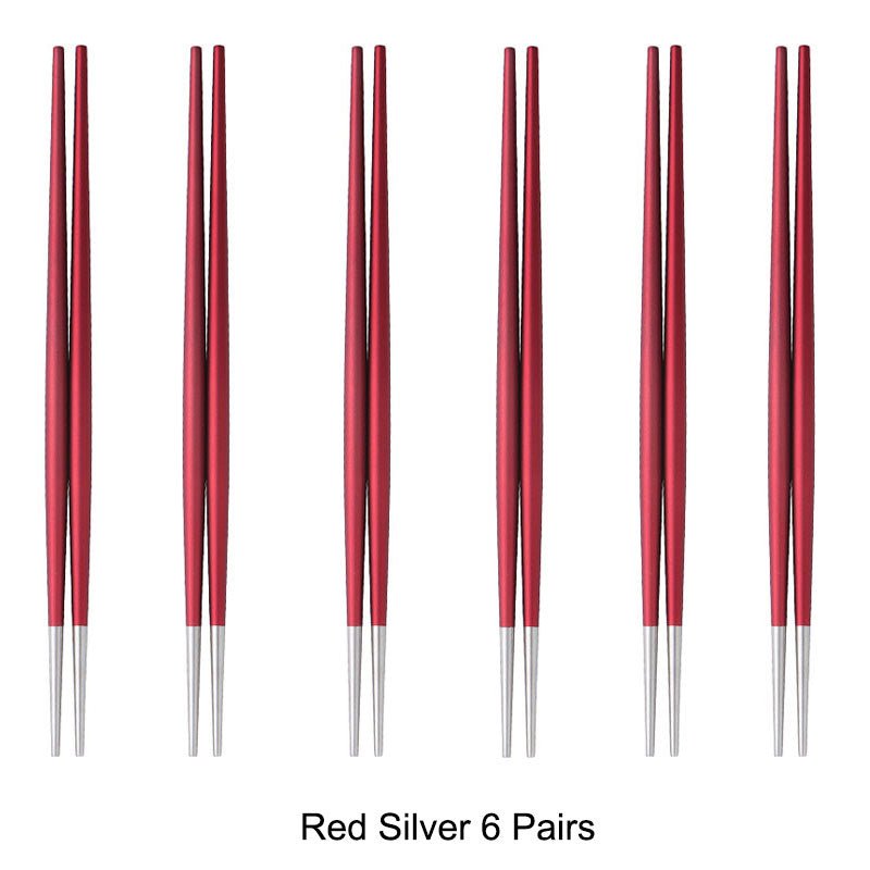 6 Pairs 18/10 Stainless Steel Non-slip Round Sushi Noodles Chopsticks - Red Silver - Lemeya Kitchen