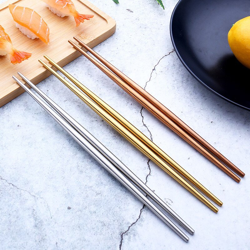 6 Pairs 18/10 Stainless Steel Non-slip Round Sushi Noodles Chopsticks - Black - Lemeya Kitchen