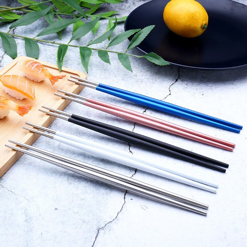 6 Pairs 18/10 Stainless Steel Non-slip Round Sushi Noodles Chopsticks - Black - Lemeya Kitchen