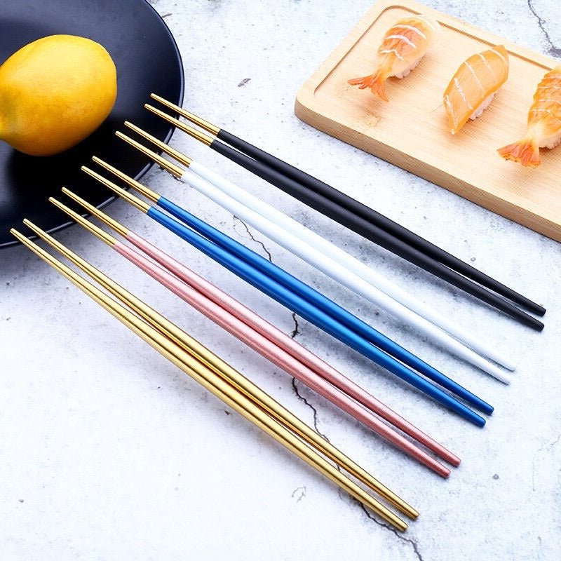 6 Pairs 18/10 Stainless Steel Non-slip Round Sushi Noodles Chopsticks - Black - Lemeya Kitchen
