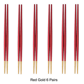 6 Pairs 18/10 Stainless Steel Non-slip Round Sushi Noodles Chopsticks - Red Gold - Lemeya Kitchen
