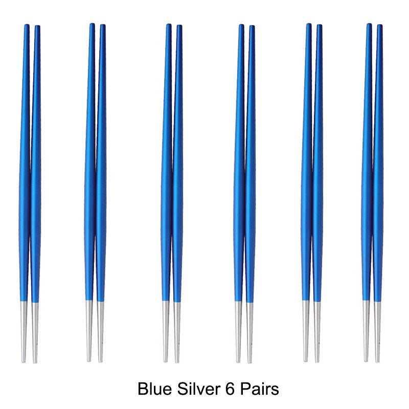 6 Pairs 18/10 Stainless Steel Non-slip Round Sushi Noodles Chopsticks - Blue Silver - Lemeya Kitchen