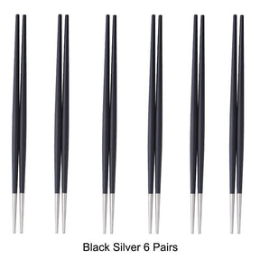6 Pairs 18/10 Stainless Steel Non-slip Round Sushi Noodles Chopsticks - Black Silver - Lemeya Kitchen