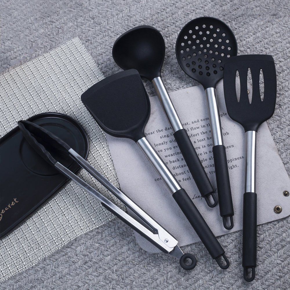 Basic Stainless Steel Silicone Kitchen Utensils Set - Black - Lemeya Kitchen
