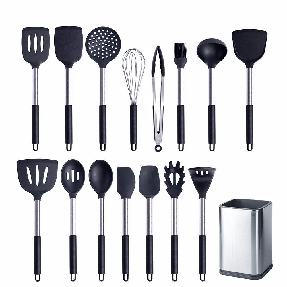 Basic Stainless Steel Silicone Kitchen Utensils Set - Black - Lemeya Kitchen