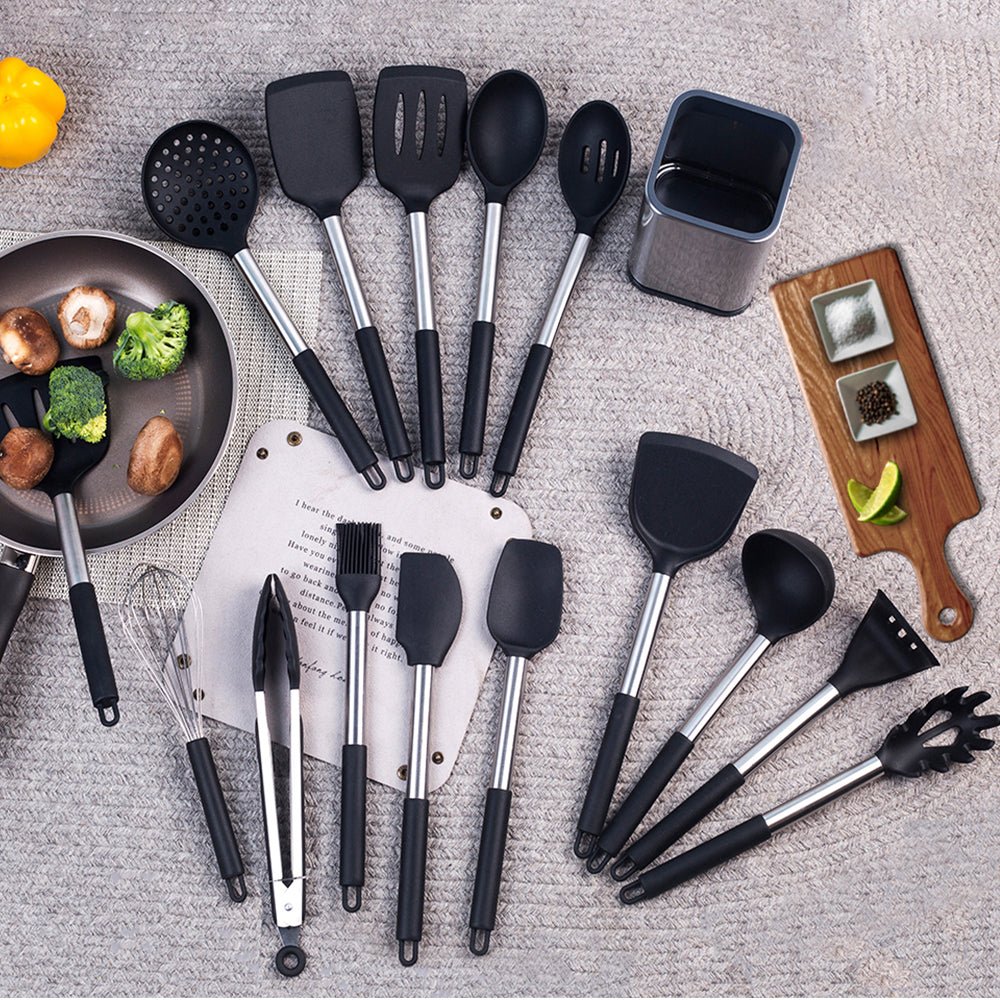 Basic Stainless Steel Silicone Kitchen Utensils Set - Black - Lemeya Kitchen