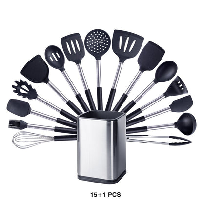 Basic Stainless Steel Silicone Kitchen Utensils Set - Black - Lemeya Kitchen