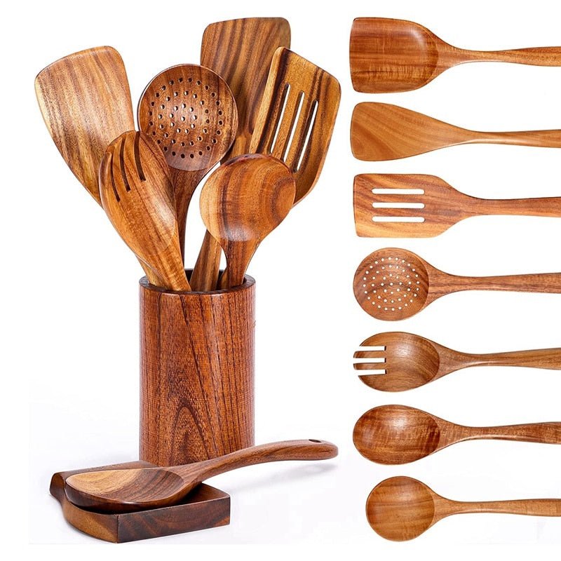 Gold White Wood Serving Utensils Kitchen Utensil Set Wooden Spoon