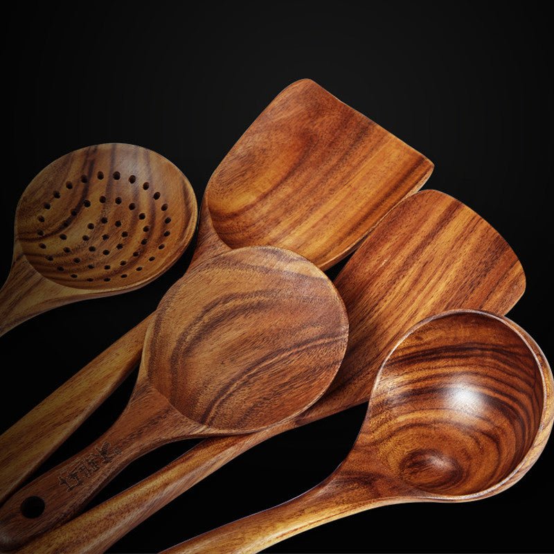 9 Pcs Wooden Spoons for Cooking, Wooden Utensils for Cooking with Utensils Holder, Teak Wooden Kitchen Utensils Set, Brown
